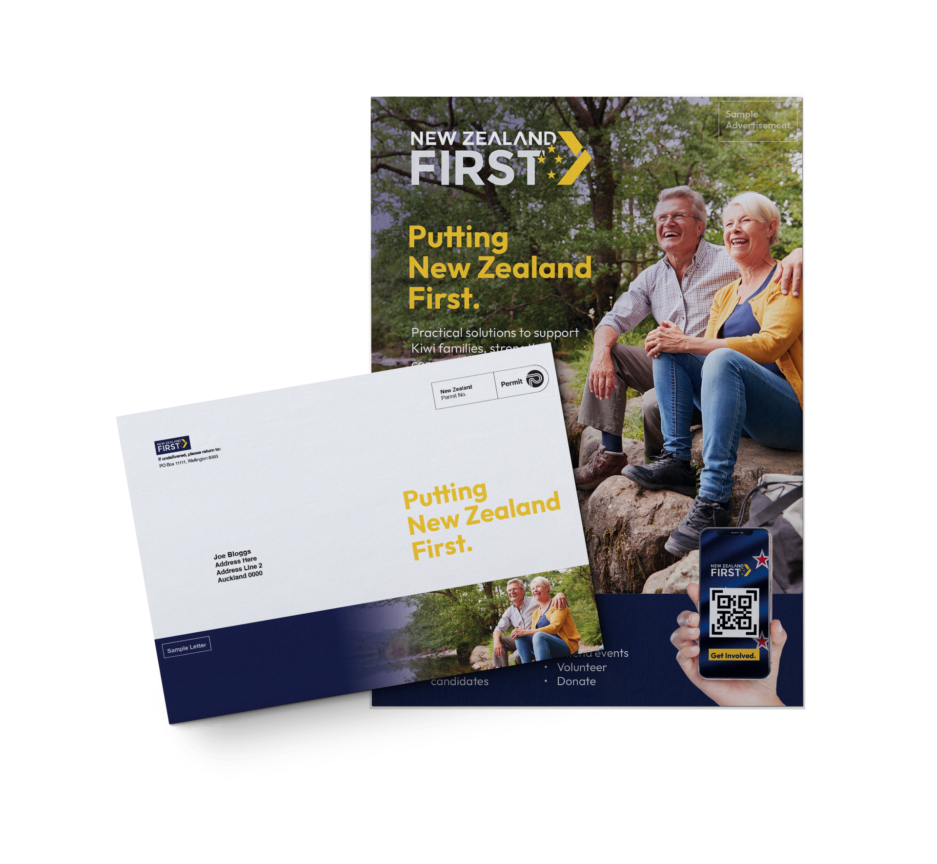 Sample NZ First campaign brochure showing direct mail, addressed letter and QR-linked digital collateral